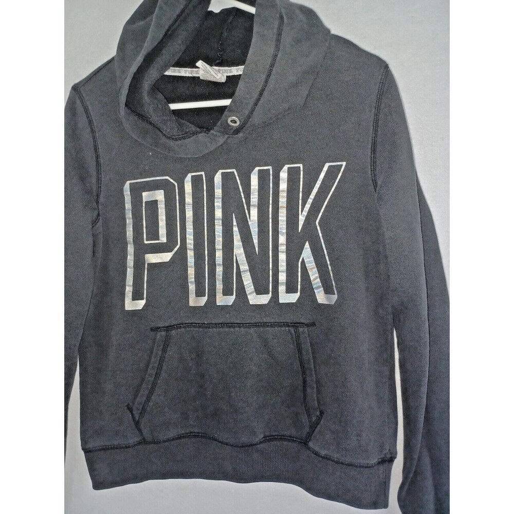 Victoria Secret PINK Hoodie Women's M Gray Black Sweatshirt Bling pocket long